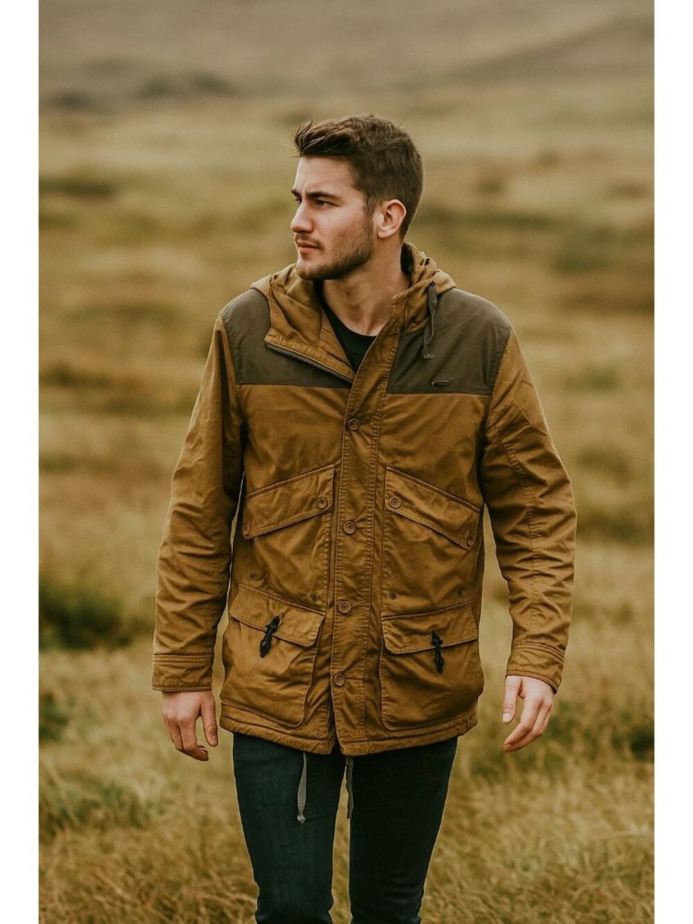Empyre Khaki Canvas Field Coat with Multiple Pockets & Hood Layering Size Large